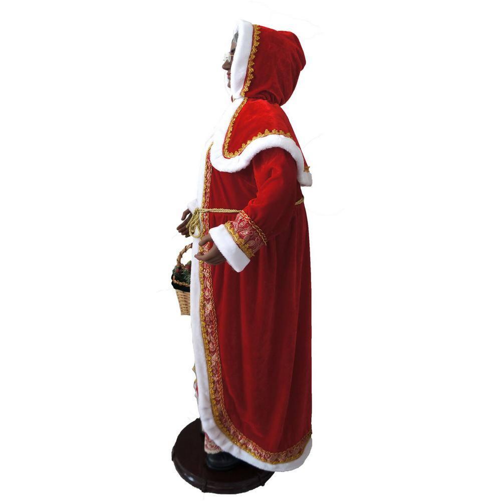 African American Dancing Mrs. Claus with Hooded Cloak and Basket Figurine