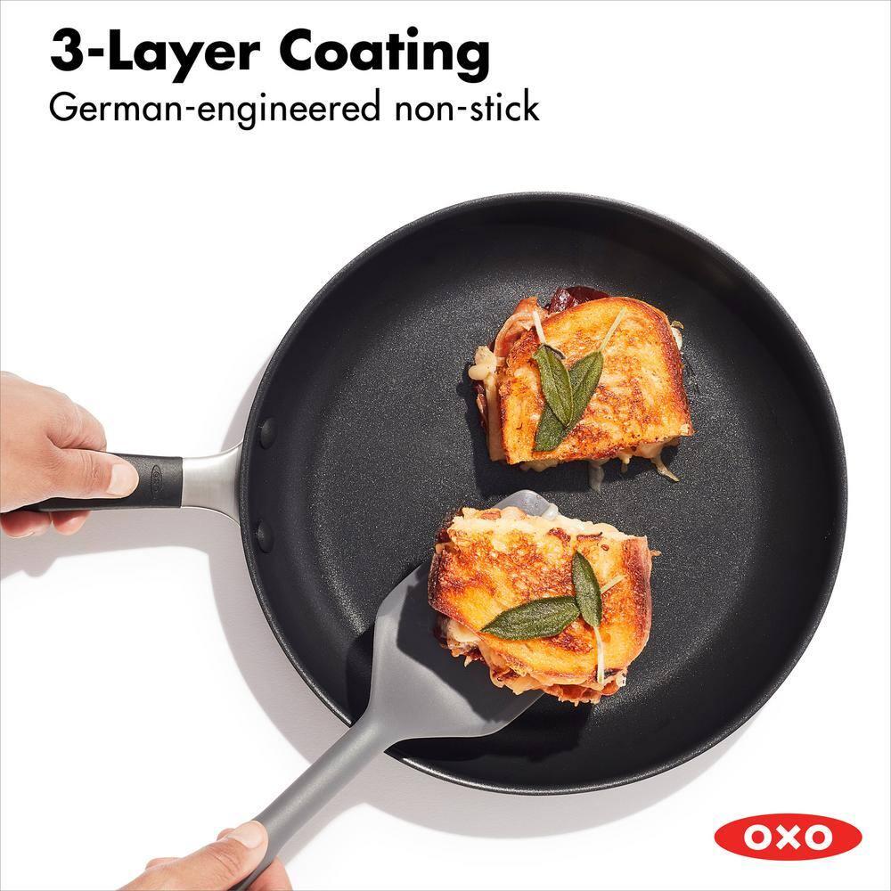 OXO Good Grips 11" Frying Pan Skillet with Lid, 3-Layered German Engineered Nonstick Coating, Stainless Steel Handle with Nonslip Silicone, Black