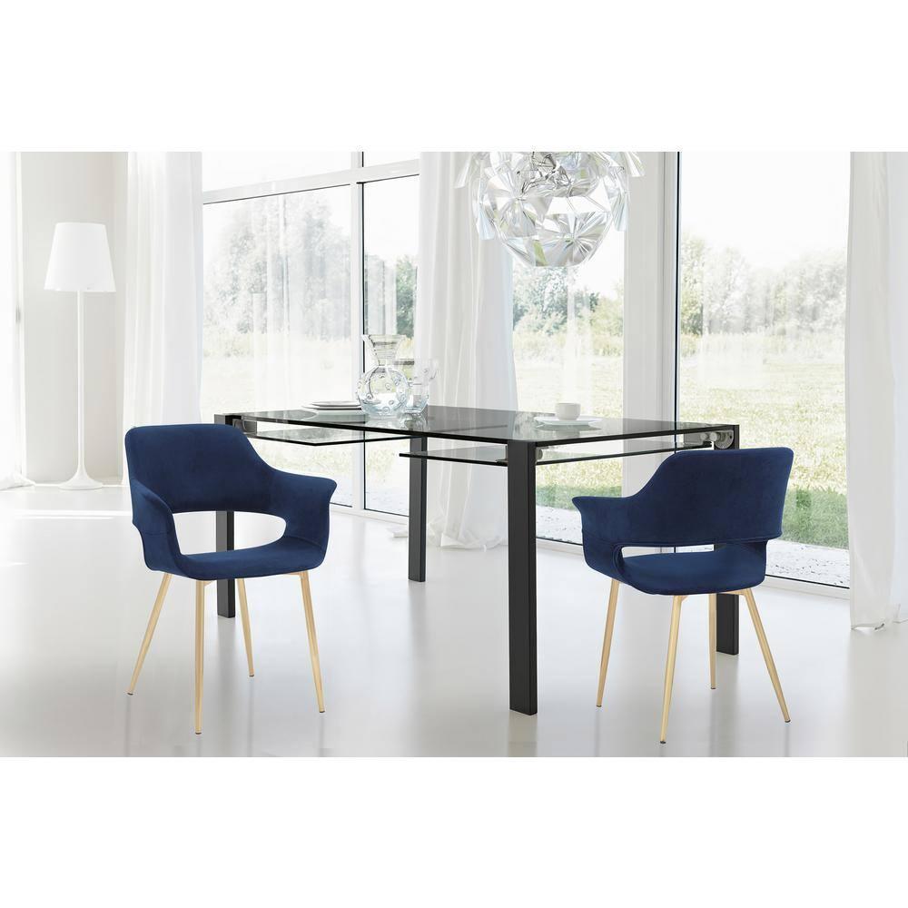 Gigi Velvet Metal Dining Room Chair Blue - Armen Living: Gold Legs, Ergonomic Back, High-Density Foam
