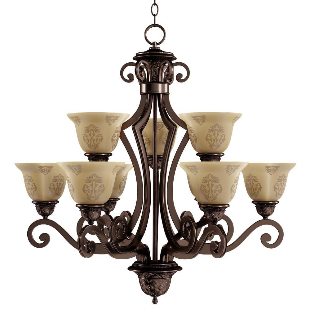 Oil Rubbed Bronze 9-Light Chandelier with Amber Glass Shades