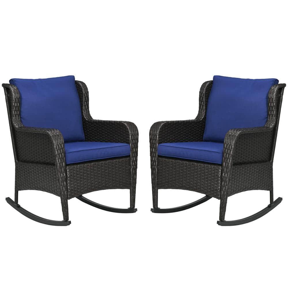 Outsunny 2 Piece Patio Wicker Rocking Chairs, Outdoor PE Rattan Swing Chairs w/ Soft Cushions for Garden, Patio, Lawn, Dark Blue