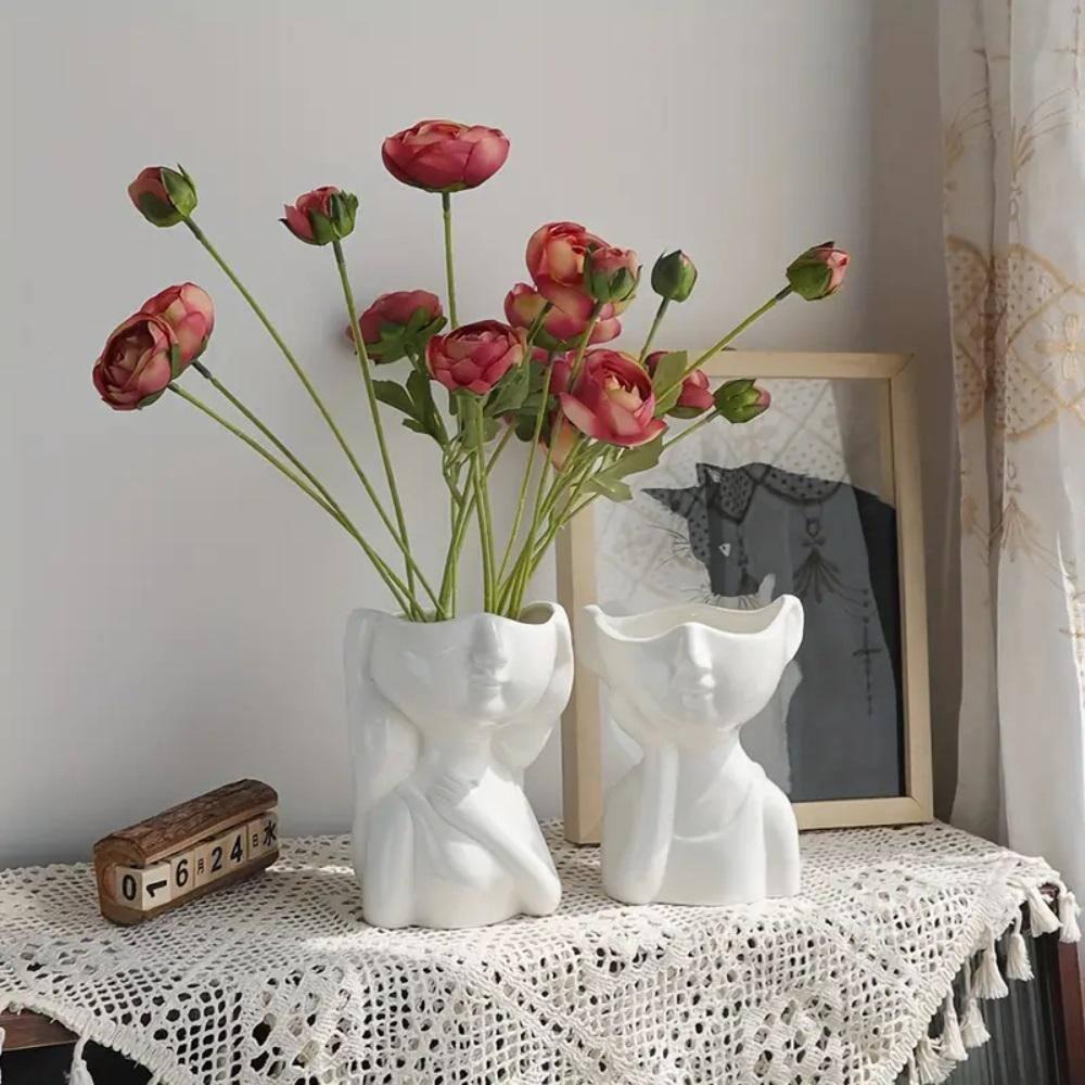 FJS Ceramic Face Vase, White Flower Vase for Decor, 5.3" W x 4.7" H Modern Decorative Vase Centerpiece for Table Shelf Living Room Office Bedroom