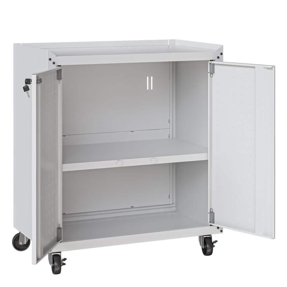 Manhattan Comfort Fortress Metal Mobile Garage Cabinet with Shelves in White