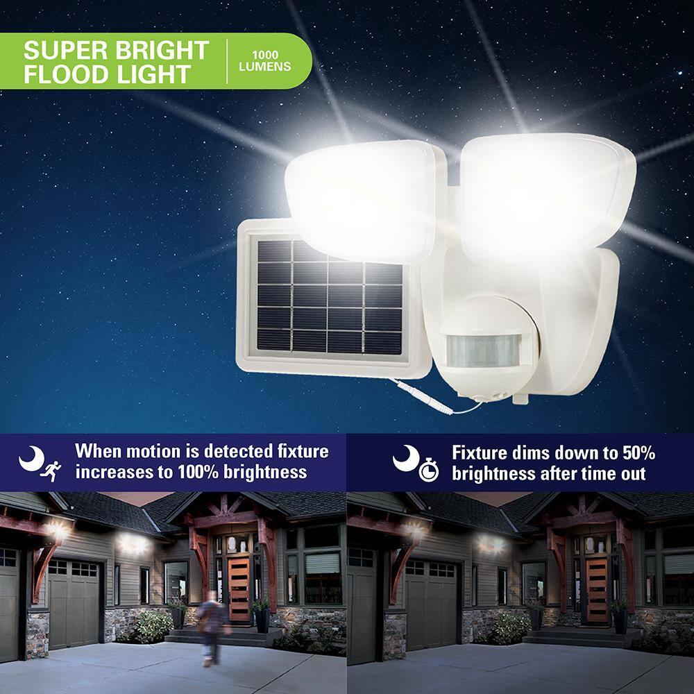 HALO Solar Outdoor LED Flood Light with 180 Degree Motion Sensor Flood & Security Twin Head Light 1000 Lumens White