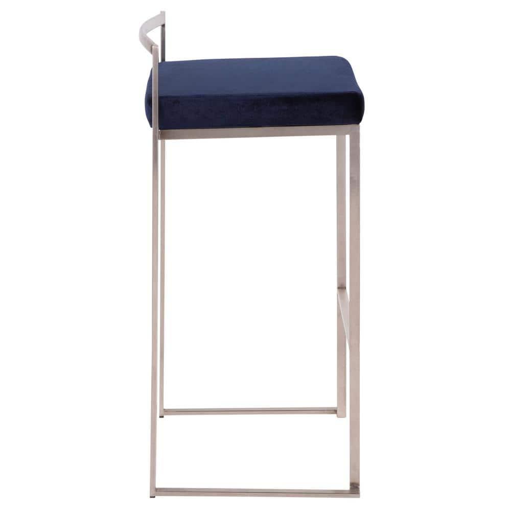 Set of 2 30" Fuji Contemporary Stackable Barstools Stainless Steel Blue Velvet - LumiSource: Kitchen, Low Back