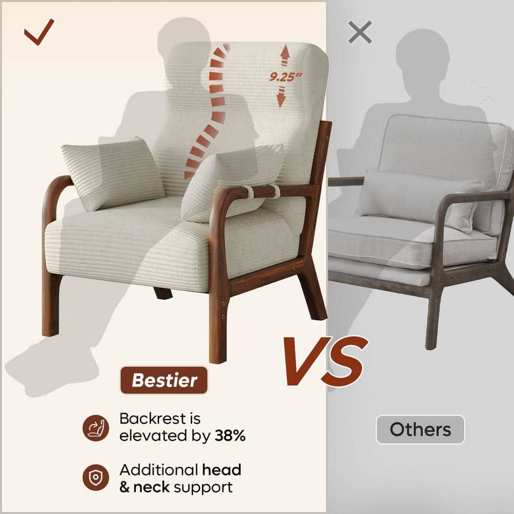 Bestier Mid Century Accent Chair Heightened Headrest with Removable Armrest Pillows,with Solid Wood Frame for Living Room, Bedroom, White
