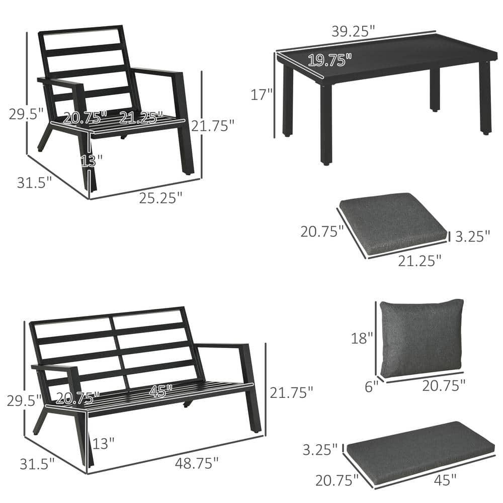 Outsunny 4 Piece Patio Furniture Set, Outdoor Conversation Set w/ Armchairs, Loveseat, Coffee Table and Cushions for Backyard, Poolside, Lawn