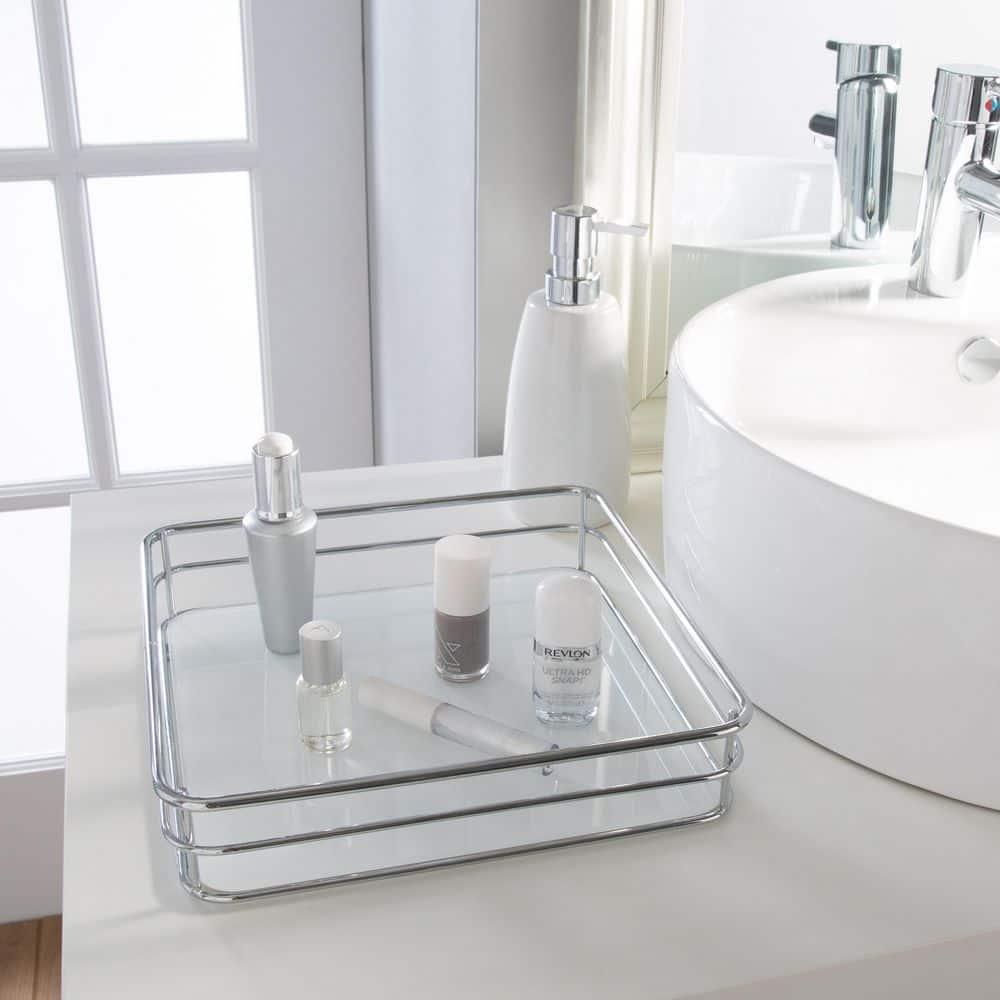 Square Vanity Tray with Glass Chrome - Elle Décor: Steel Bathroom Organizer, Perfume Display, Spot Clean