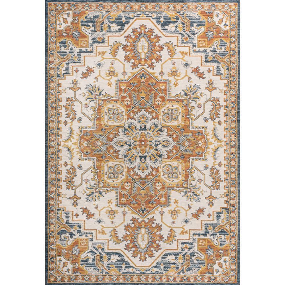 JONATHAN Y Bijan Traditional Vintage Medallion Reversible Machine-Washable Terra/Blue/Cream 3 ft. x 5 ft. Indoor/Outdoor Area Rug