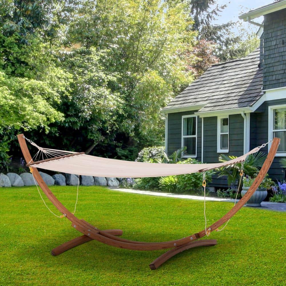 Outsunny Outdoor Hammock with Stand, Heavy Duty Wooden Frame, No Tree Needed, Indoor Outside Boho Style Nap Bed, Natural Cotton, White