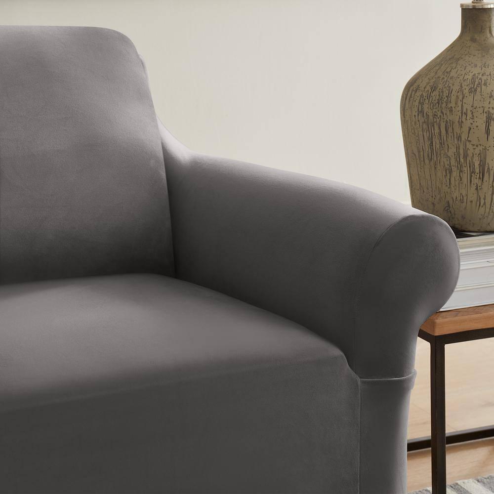 SureFit Hampstead Stretch Velvet Chair Slipcover, One Piece Chair Covers, Charcoal Chair Cover