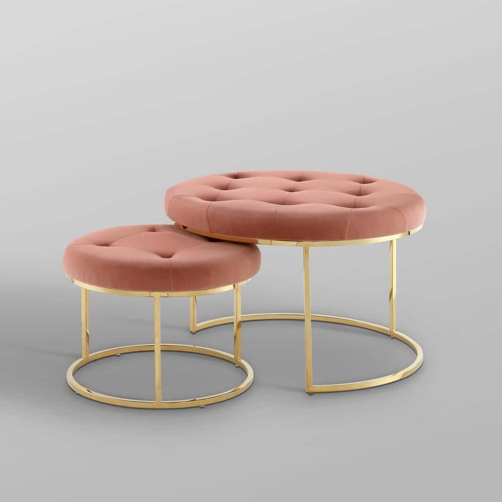 Nicole Miller Dangelo Ottoman Velvet Upholstered Stainless Steel Frame Set of 2, Blush/Gold