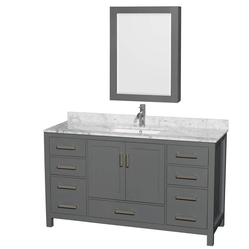 Wyndham Collection Sheffield 60-in Dark Gray with Brushed Chrome Trim Undermount Single Sink Bathroom Vanity with White Carrara Marble Natural Marble Top (Mirror Included)