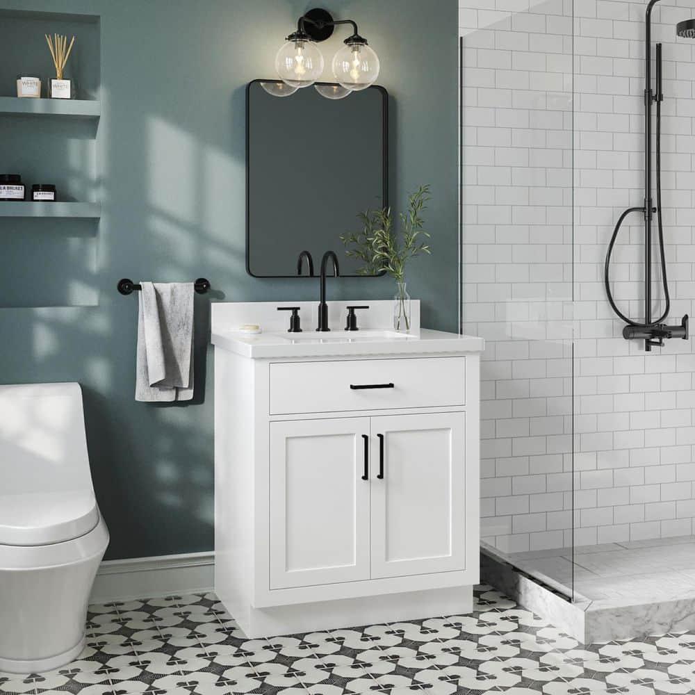 Thornaby 30'' Solid Wood Single Bathroom Vanity with 1.5'' White Quartz Top, Oval Sink