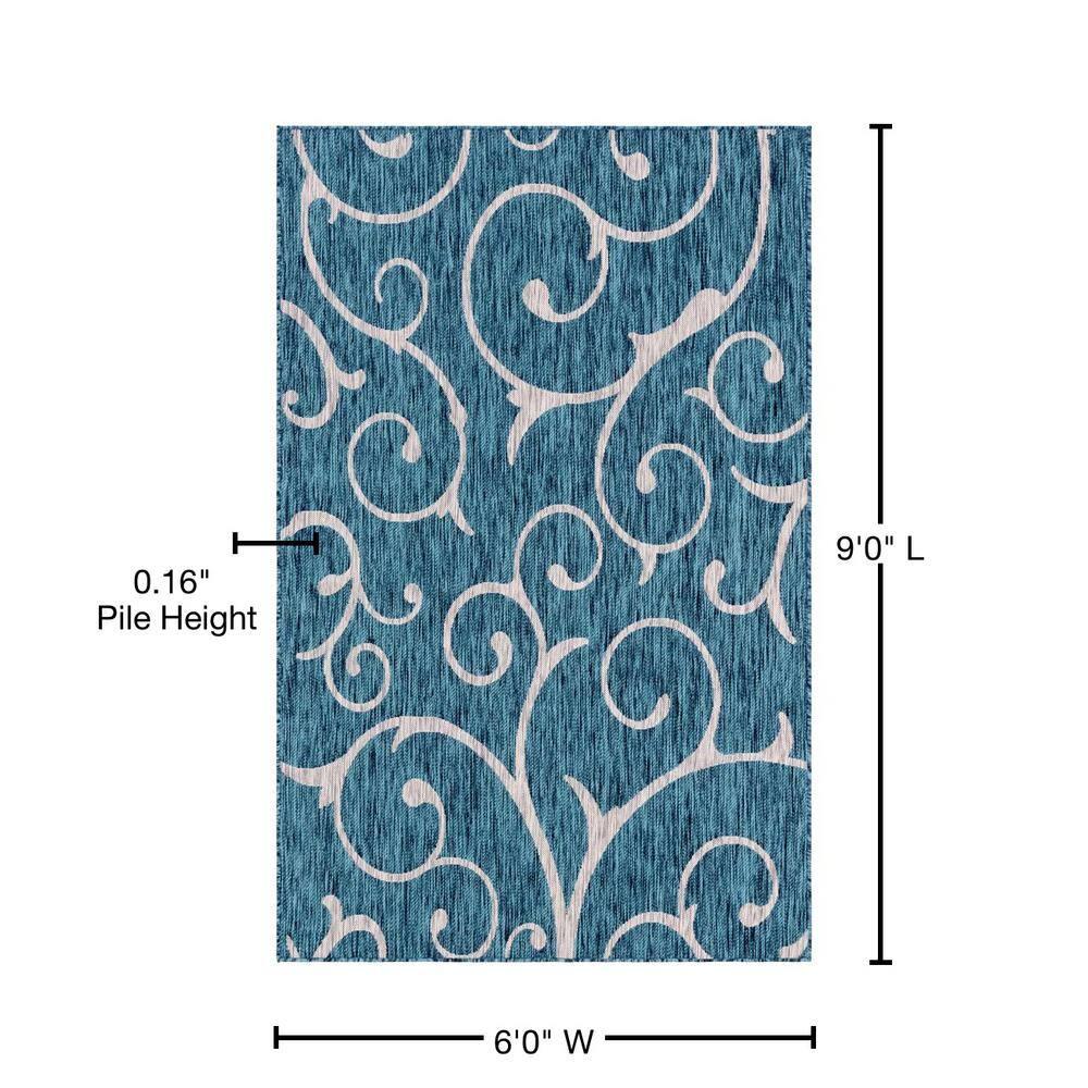 Unique Loom 6' 1 x 9' 0 Rectangle Indoor/Outdoor Botanical Teal Area Rug