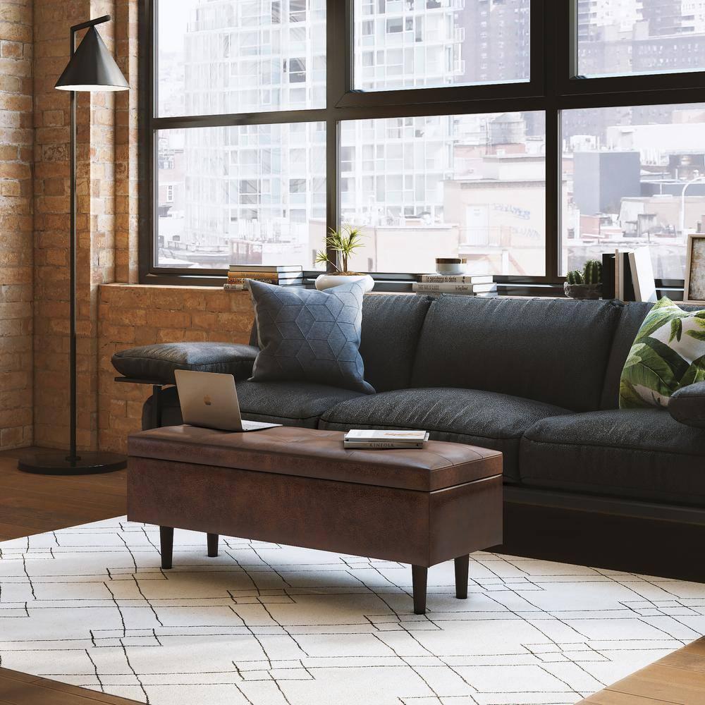 Simpli Home Shay 48 in.W Modern Storage Ottoman in Distressed Chestnut Brown Faux Leather