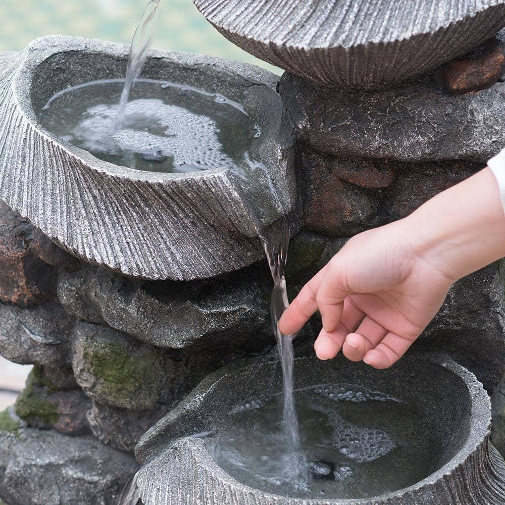 31 in. Tall Outdoor 4-Tier Rock Water Fountain with LED Lights