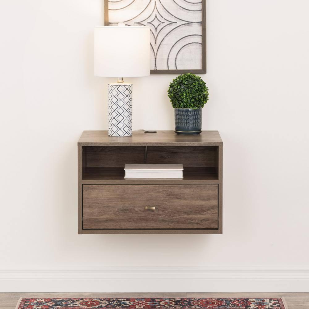 Floating 1 Drawer Nightstand with Open Shelf Drifted Gray - Prepac: Laminated, Cable Management, Metal Glides