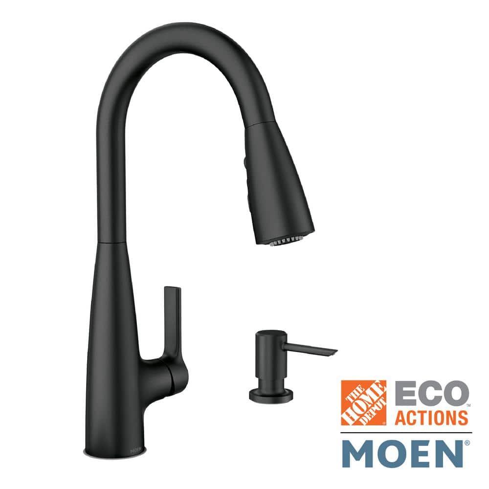 Moen Haelyn Matte Black Single Handle Deck-mount Handle Residential Pull-down Kitchen Faucet with Sprayer ( Deck Plate Included ) (Soap Dispenser Included)
