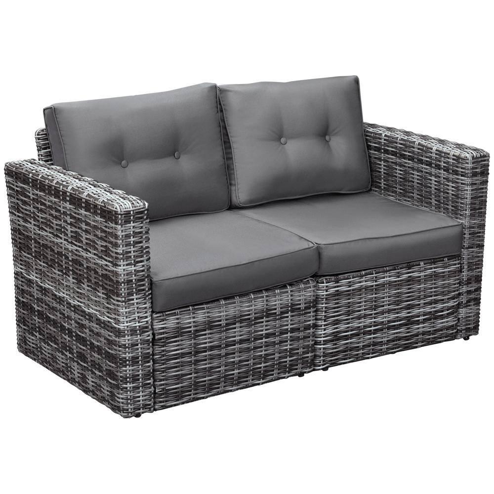 Outsunny 2 Piece Patio Wicker Corner Sofa Set, Outdoor PE Rattan Furniture, with Curved Armrests and Padded Cushions for Balcony, Gray