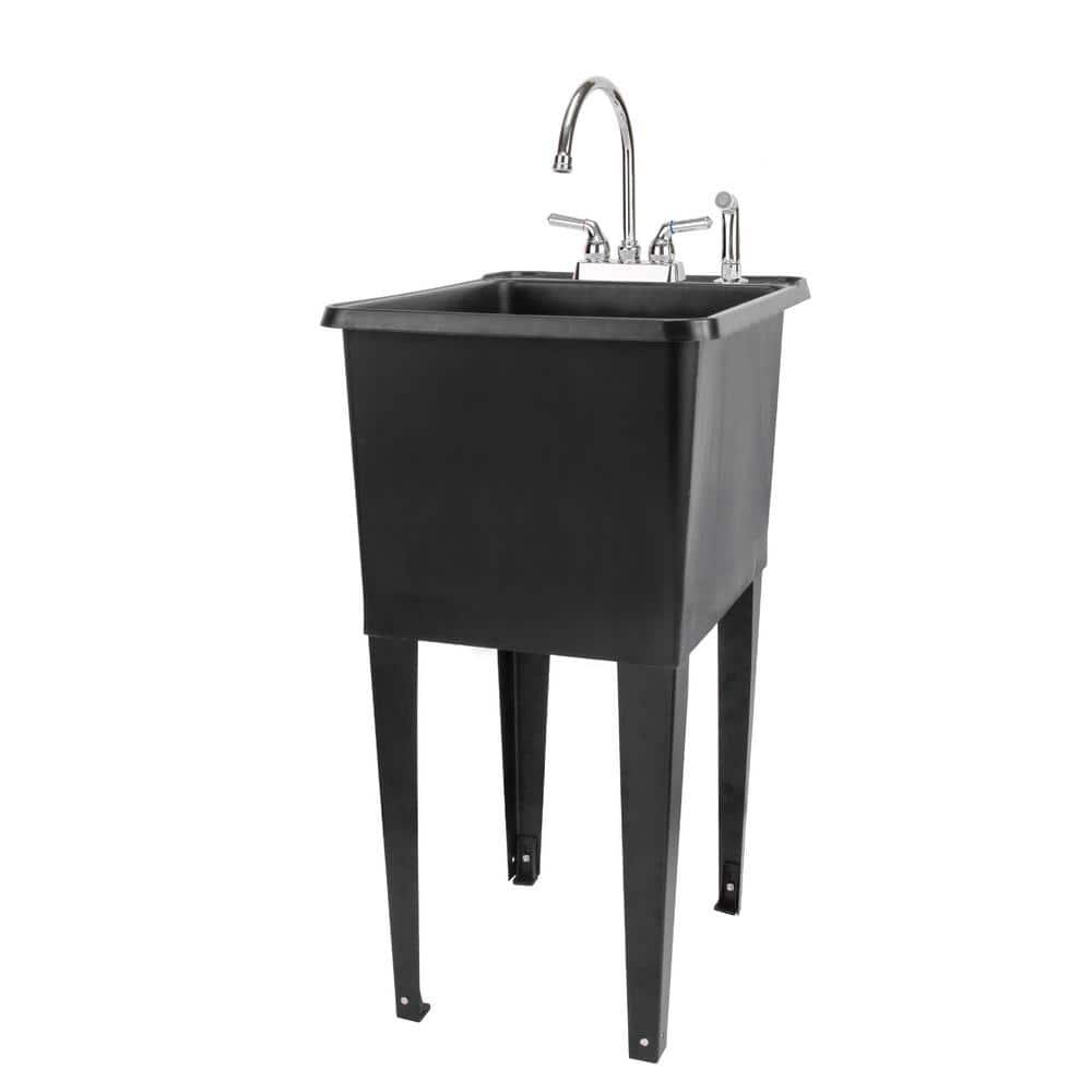 TEHILA Space Saver 16 Gallon Black Utility Sink with Chrome Finish Faucet & Side-Sprayer