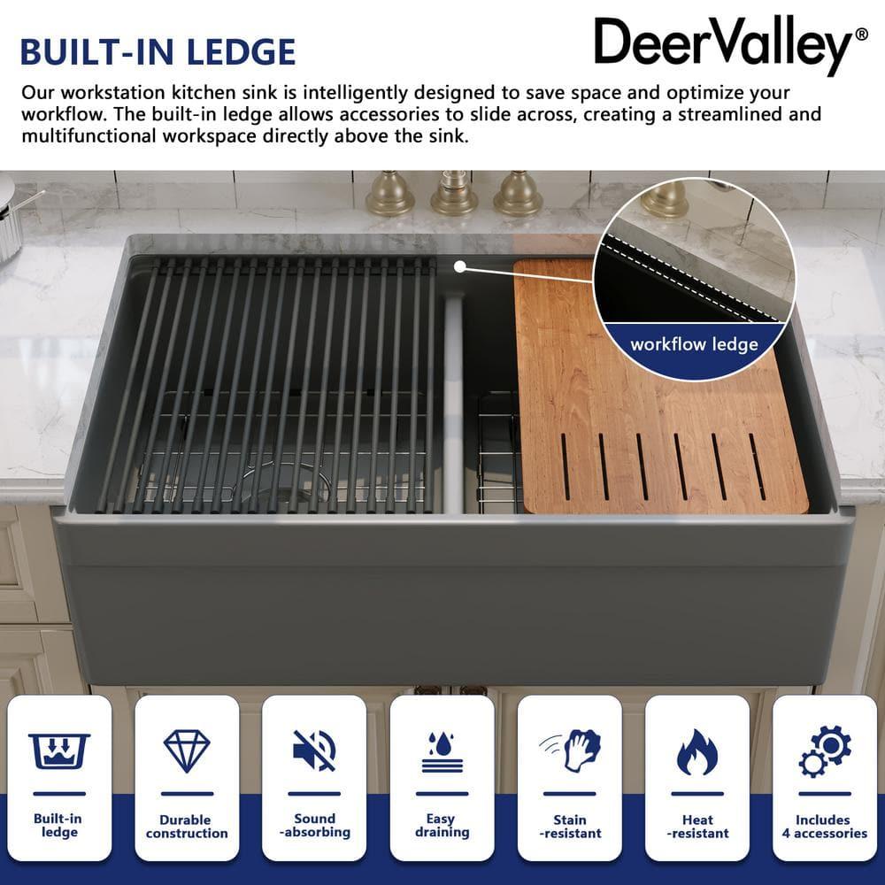 33" L X 20" W White Fireclay Double Bowl Workstation Farmhouse Kitchen Sink with Cutting Board And Dish-Drying Rack