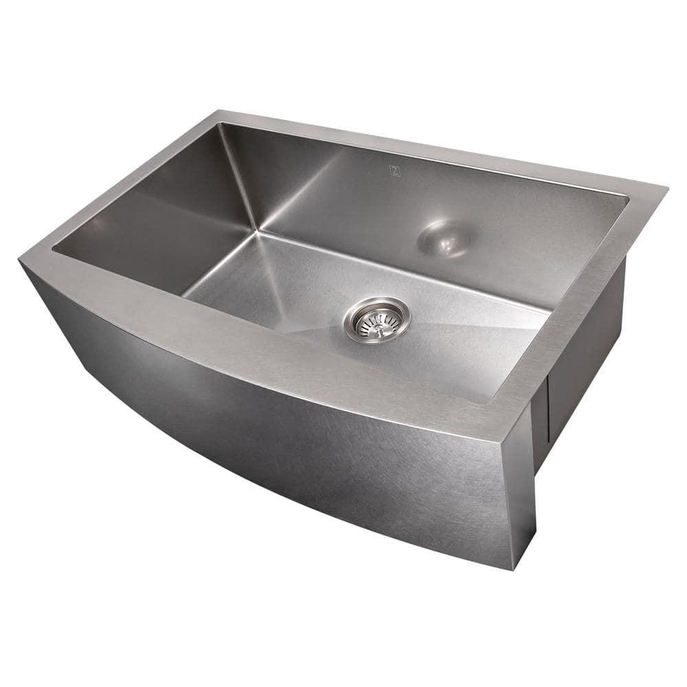 ZLINE 33 in. Vail Farmhouse Apron Mount Single Bowl DuraSnow Stainless Steel Kitchen Sink W/ Bottom Grid (SAS-33S)