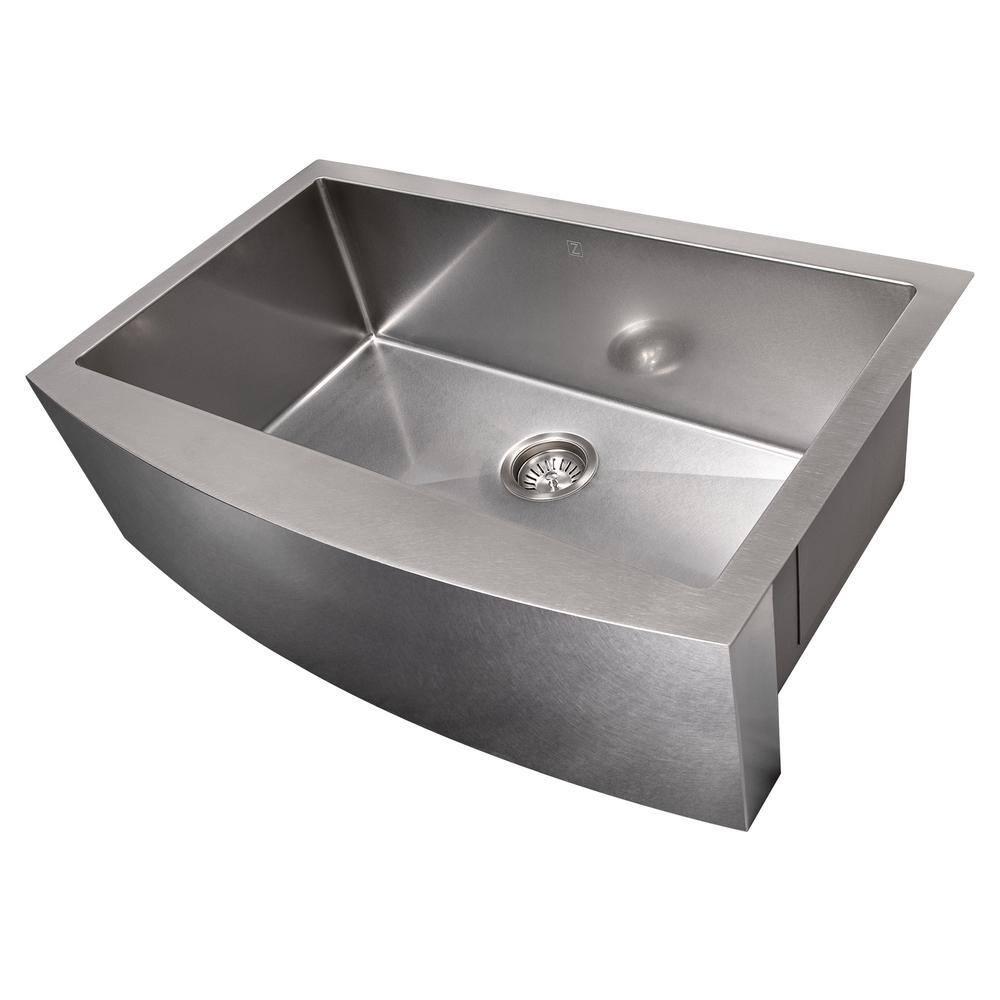 ZLINE 33 in. Vail Farmhouse Apron Mount Single Bowl DuraSnow Stainless Steel Kitchen Sink W/ Bottom Grid (SAS-33S)