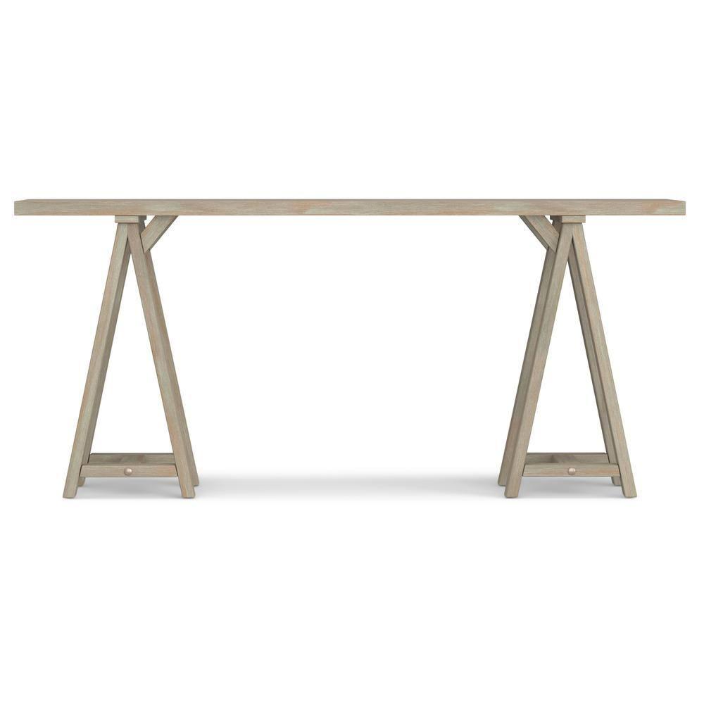 Simpli Home Sawhorse Solid Wood Wide Console Sofa Table In Distressed Grey