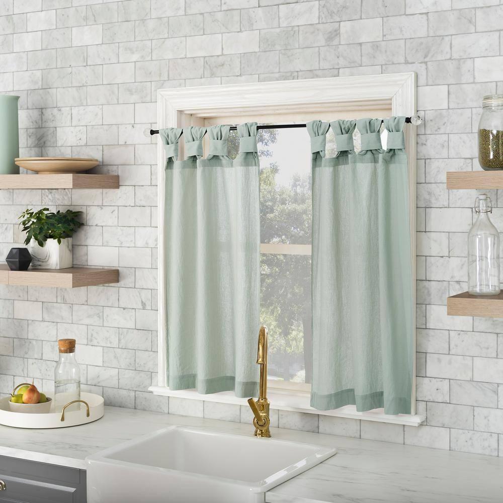2pc 52"x45" Archaeo Washed Cotton Twist Tab Cafe Curtain Tier Pair Seafoam Green: Kitchen Curtains 45 Inches Long