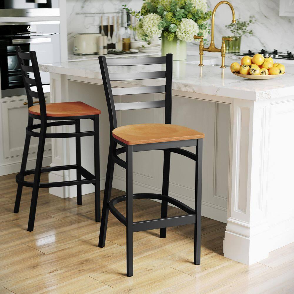 Flash Furniture HERCULES Series Black Ladder Back Metal Restaurant Barstool - Natural Wood Seat