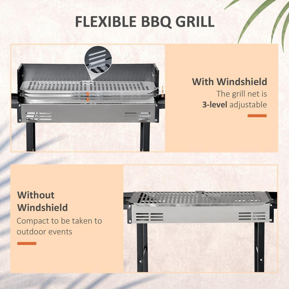 Outsunny BBQ Rotisserie Grill Roaster for Chicken or Turkey with 3-Level Grill Grate, Foldable Storage Shelves, and Wind Deflector, Stainless Steel