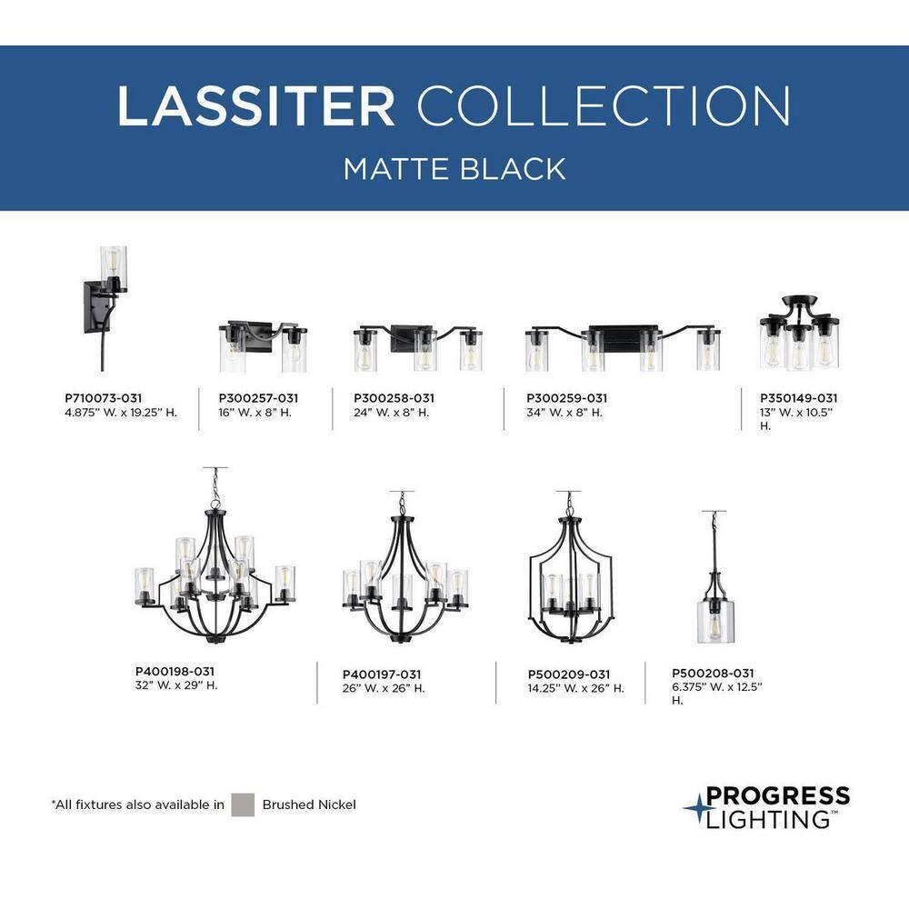 Progress Lighting, Lassiter Collection, 9-Light Chandelier, Matte Black, Clear Glass Shades