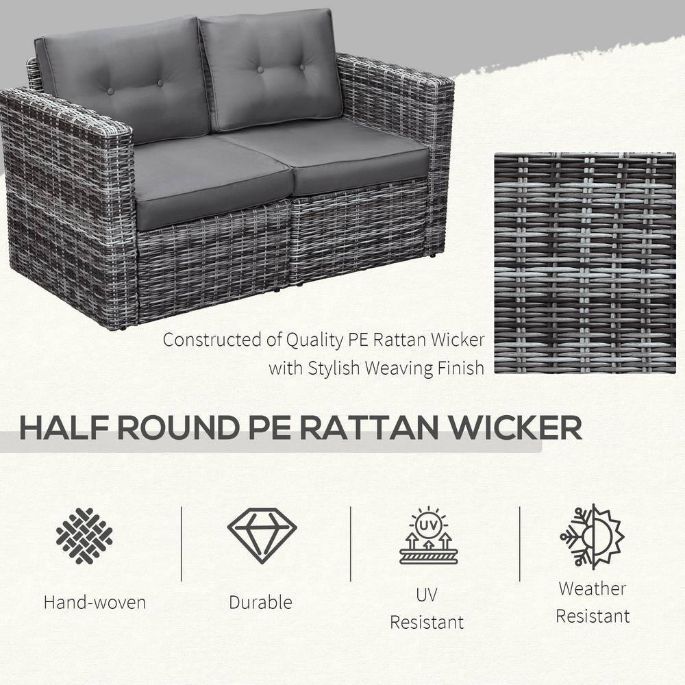 Outsunny 2 Piece Patio Wicker Corner Sofa Set, Outdoor PE Rattan Furniture, with Curved Armrests and Padded Cushions for Balcony, Gray