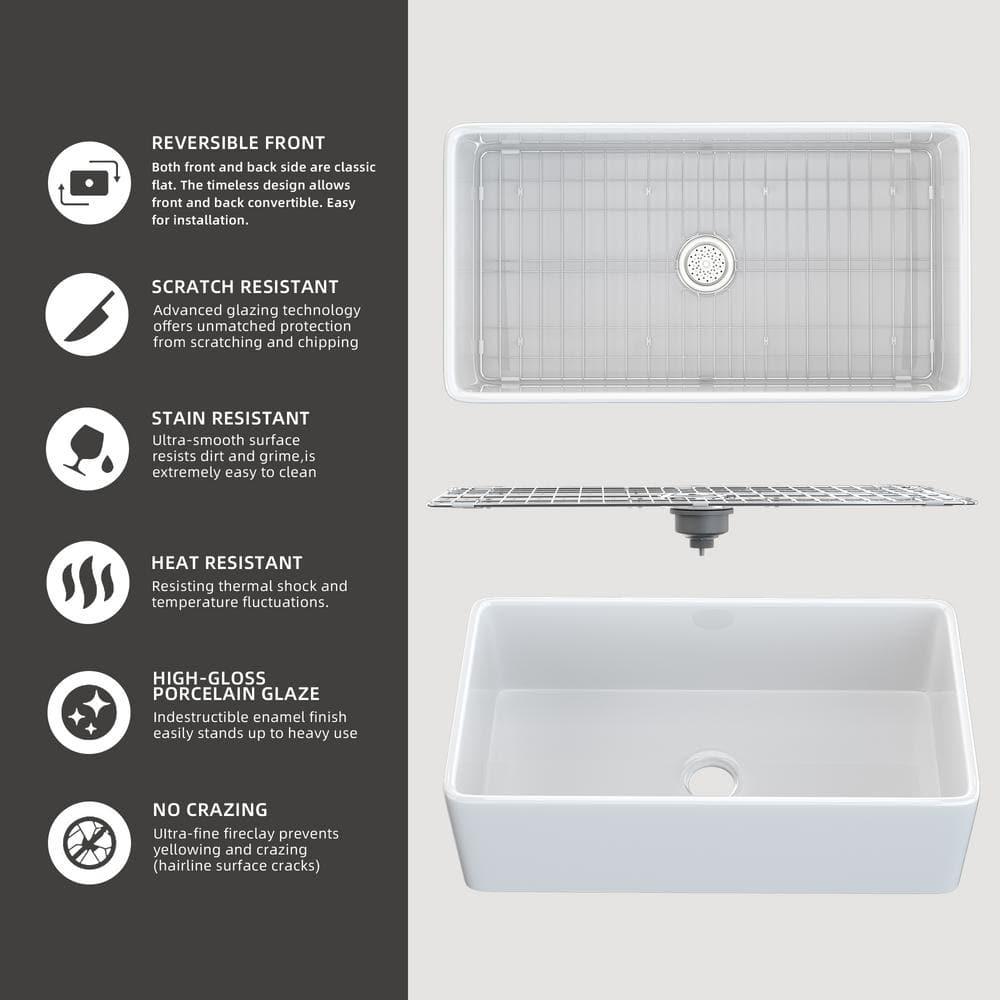 Small Farmhouse Sink 24 X18 White Fireclay Undermount Kitchen Sinks Deep Single Bowl Drop in Modern Apron Front Farm Sink For Kitchen with Protective Bottom Grid and Strainer