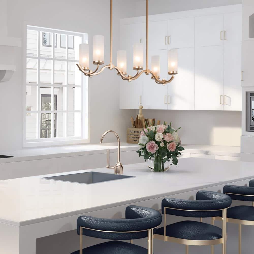 Modern Gold Linear Island Chandelier 6-Light Candlestick Chandelier with Cylinder Frosted Glass Shades