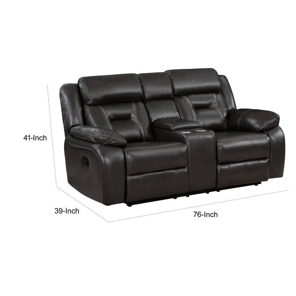 Benjara  76 in. Millie Manual Dual Recliner Loveseat, Cupholders, Gray Faux Leather