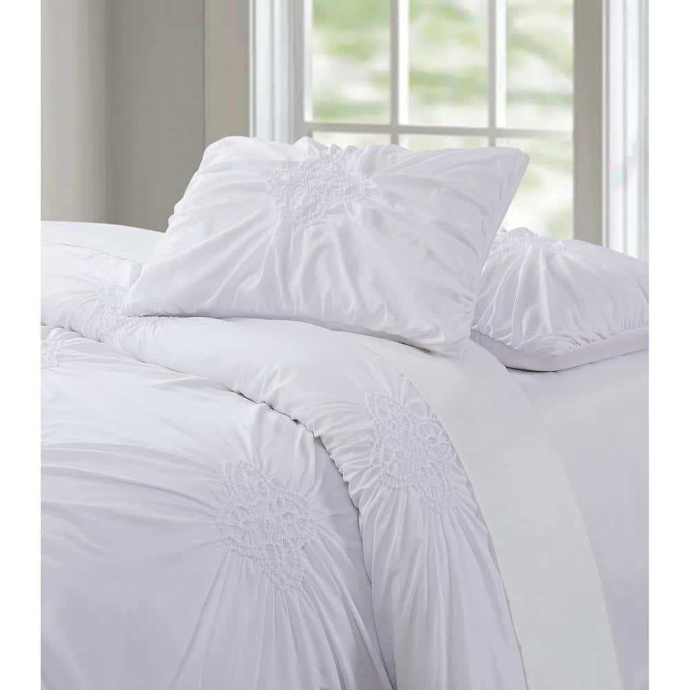 White Microfiber King Ruffled Duvet Cover Set with Shams