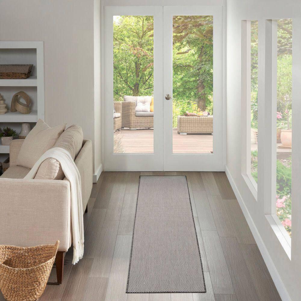 Nourison 2'2" x 10' Courtyard Modern Easy Care Flatweave Indoor Outdoor Runner Rug Ivory/Charcoal