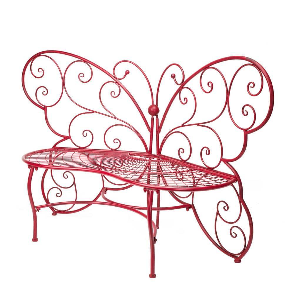 Butterfly Metal Bench Red - Alpine Corporation: Durable Garden Seating, Weather-Resistant Iron Construction