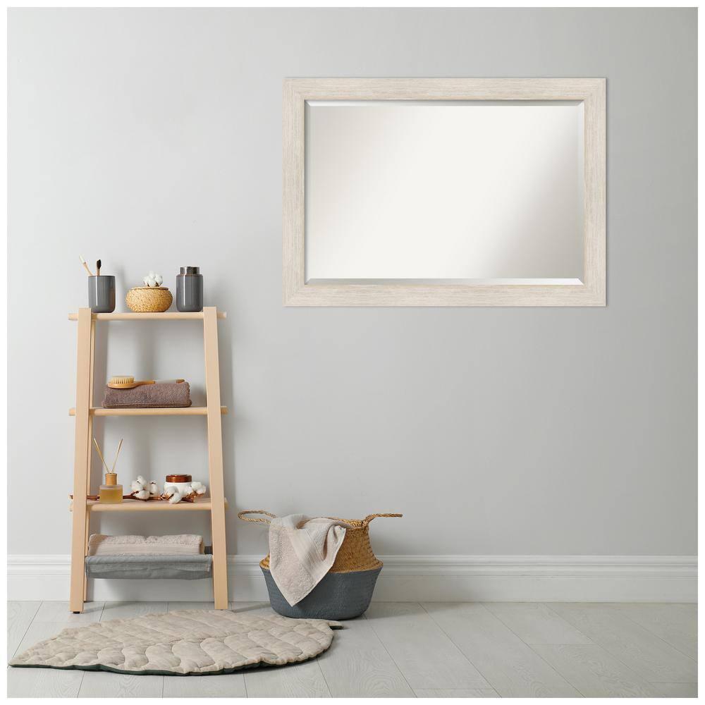 Amanti Art Beveled Wood Bathroom Wall Mirror - Hardwood Whitewash Frame - Hardwood White Wash Outer Size: 41 x 29 in