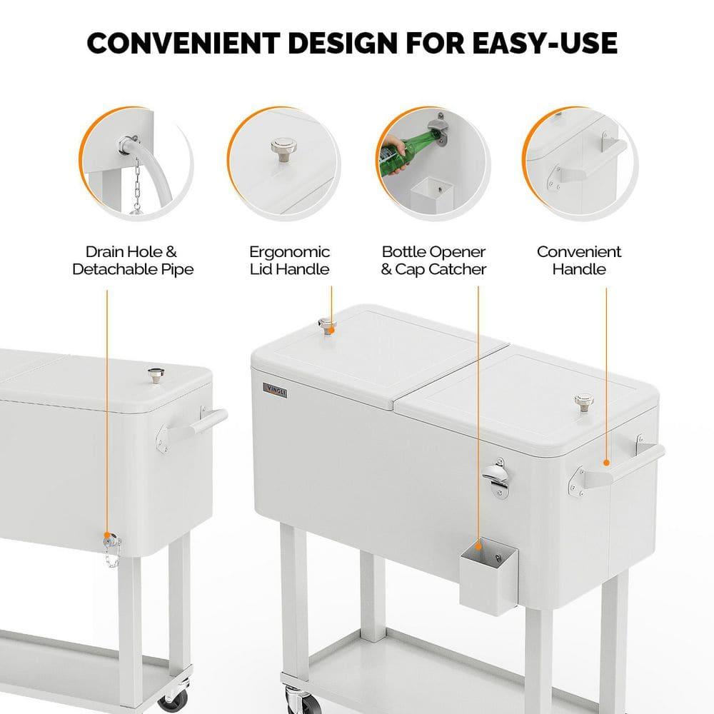 White Iron Rolling Cooler Cart with Shelf and Bottle Opener