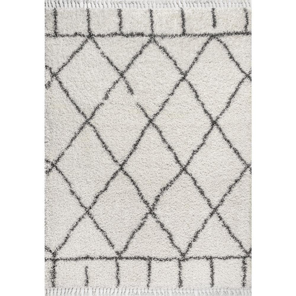 8'x10' Mercer Shag Plush Tassel Moroccan Geometric Trellis Area Rug, Cream/Grey - JONATHAN Y