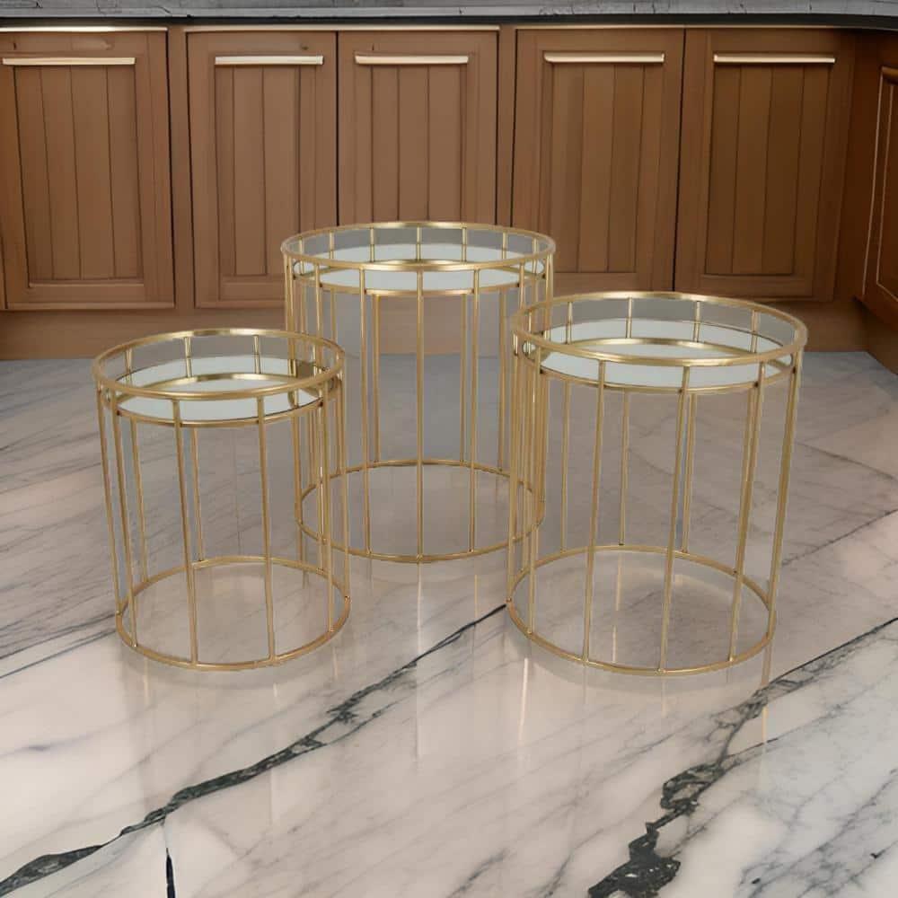 Benjara 20 Inch Plant Stand Table Set of 3, Gold Metal Frame, Mirror Tray Top