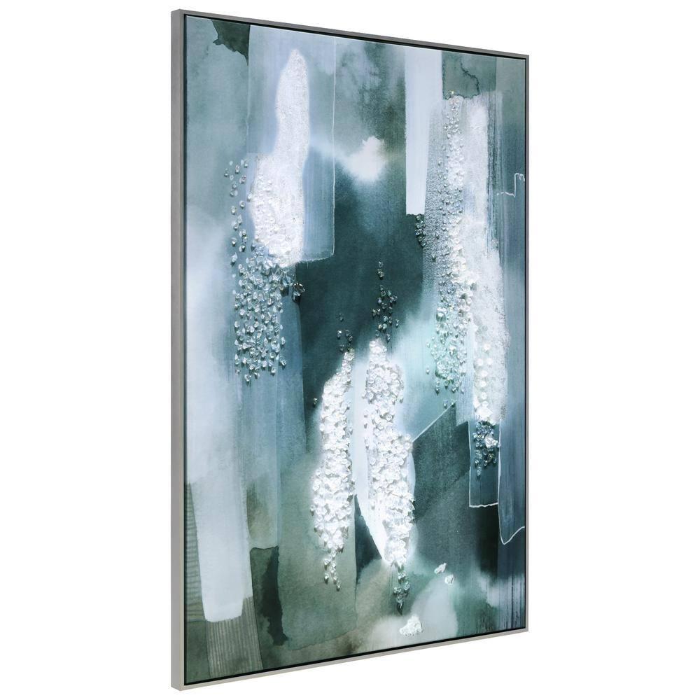 "Silver Mist I" Crystallus Epoxy Coated Wrapped Framed Glossy Canvas Wall Art with Heavy Acrylic Crystal Shards Embellishments