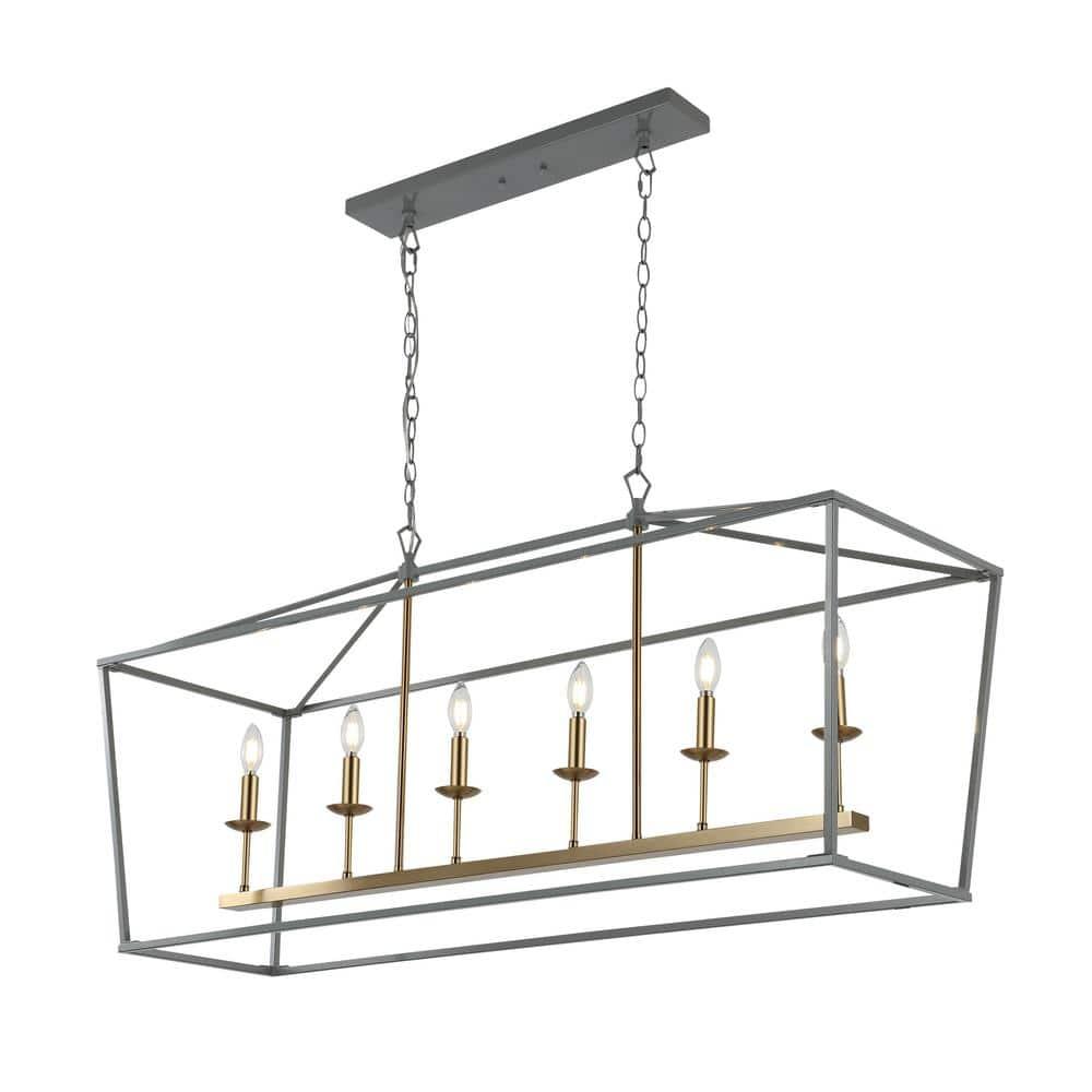 Pagoda 49" Linear 6-Bulb Classic Traditional Metal LED Pendant, Gray/Brass Gold