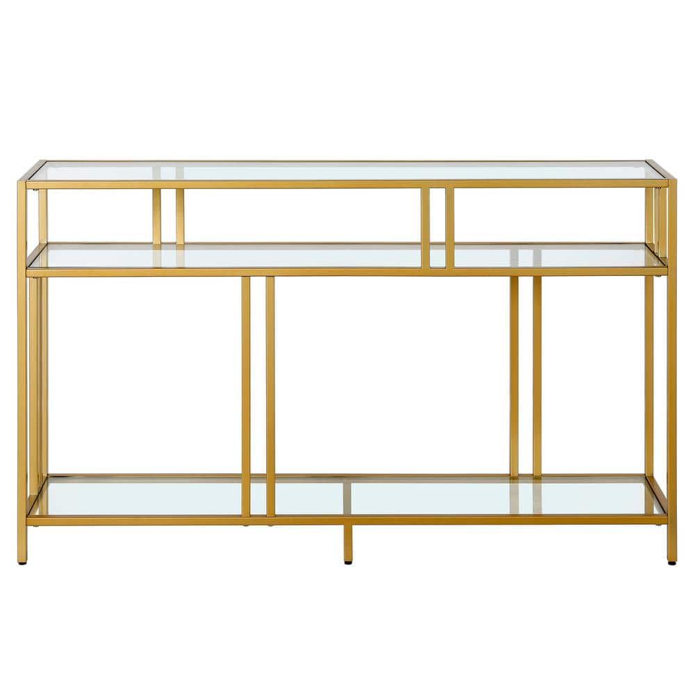 Evelyn&Zoe Cortland 48" Wide Rectangular Console Table with Glass Shelves, Brass