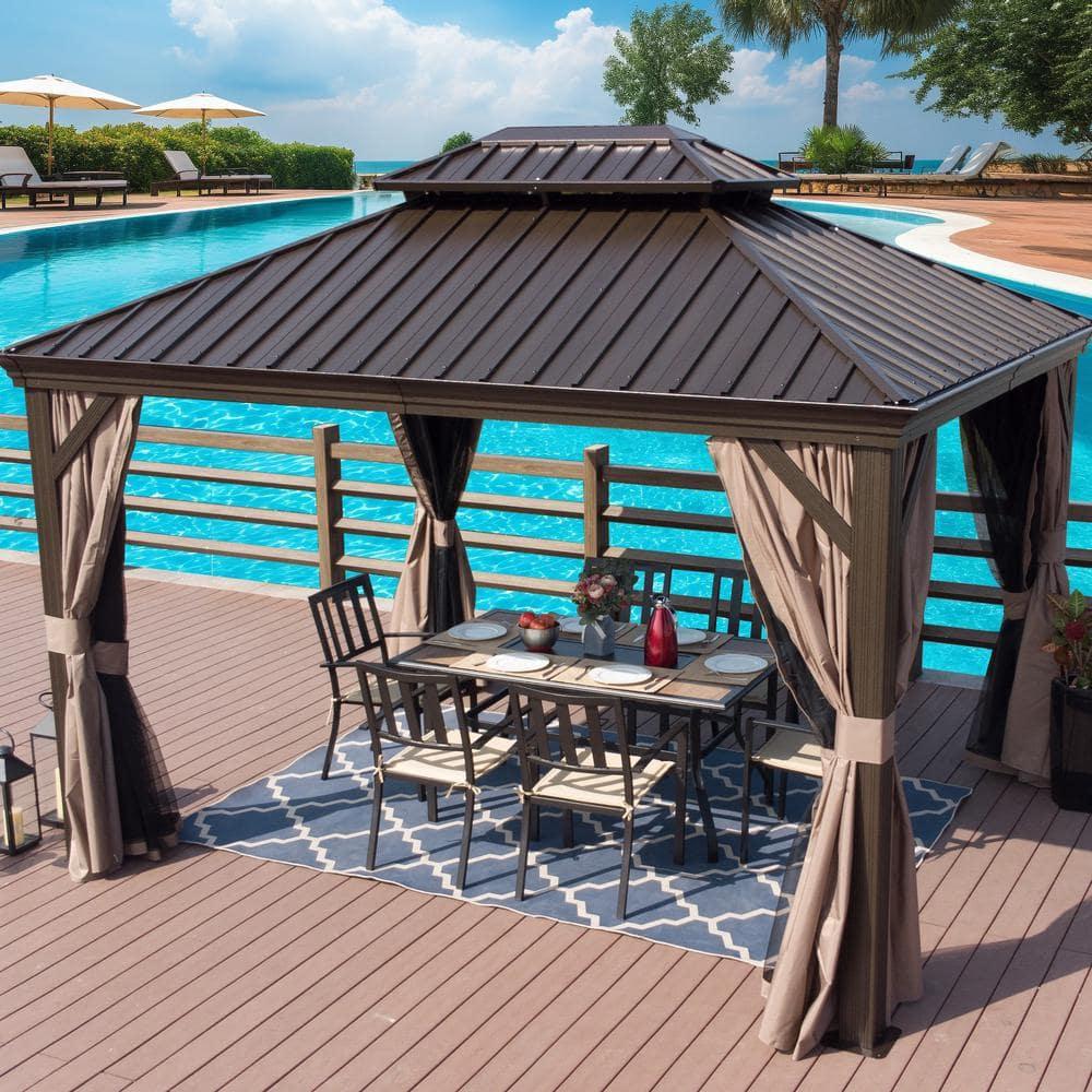 Arlmont & Co. Istref 10x12 Dark Brown Double Roof Hardtop Gazebo with Curtain and Mosquito Netting