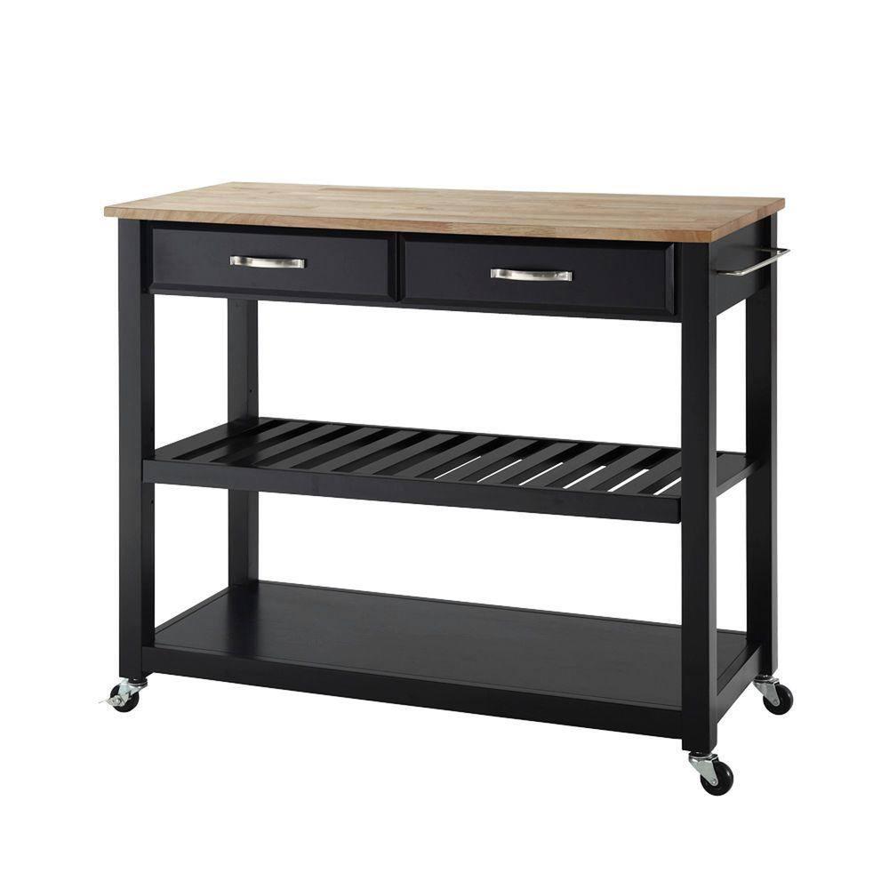 Natural Wood Top Kitchen Cart/Island with Optional Stool Storage - Black - Crosley: Solid Hardwood, Adjustable Shelf, Wheeled