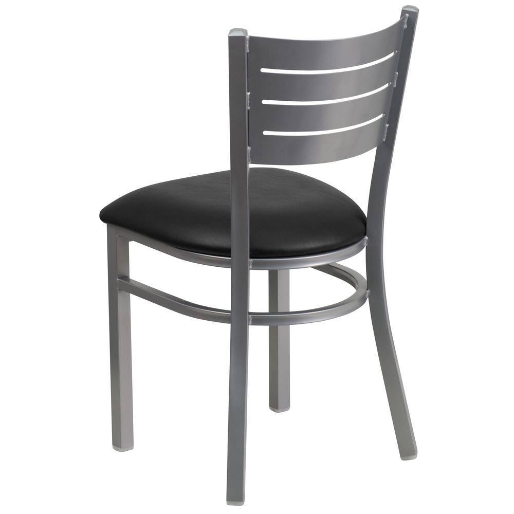 Flash Furniture HERCULES Series Silver Slat Back Metal Restaurant Chair - Black Vinyl Seat